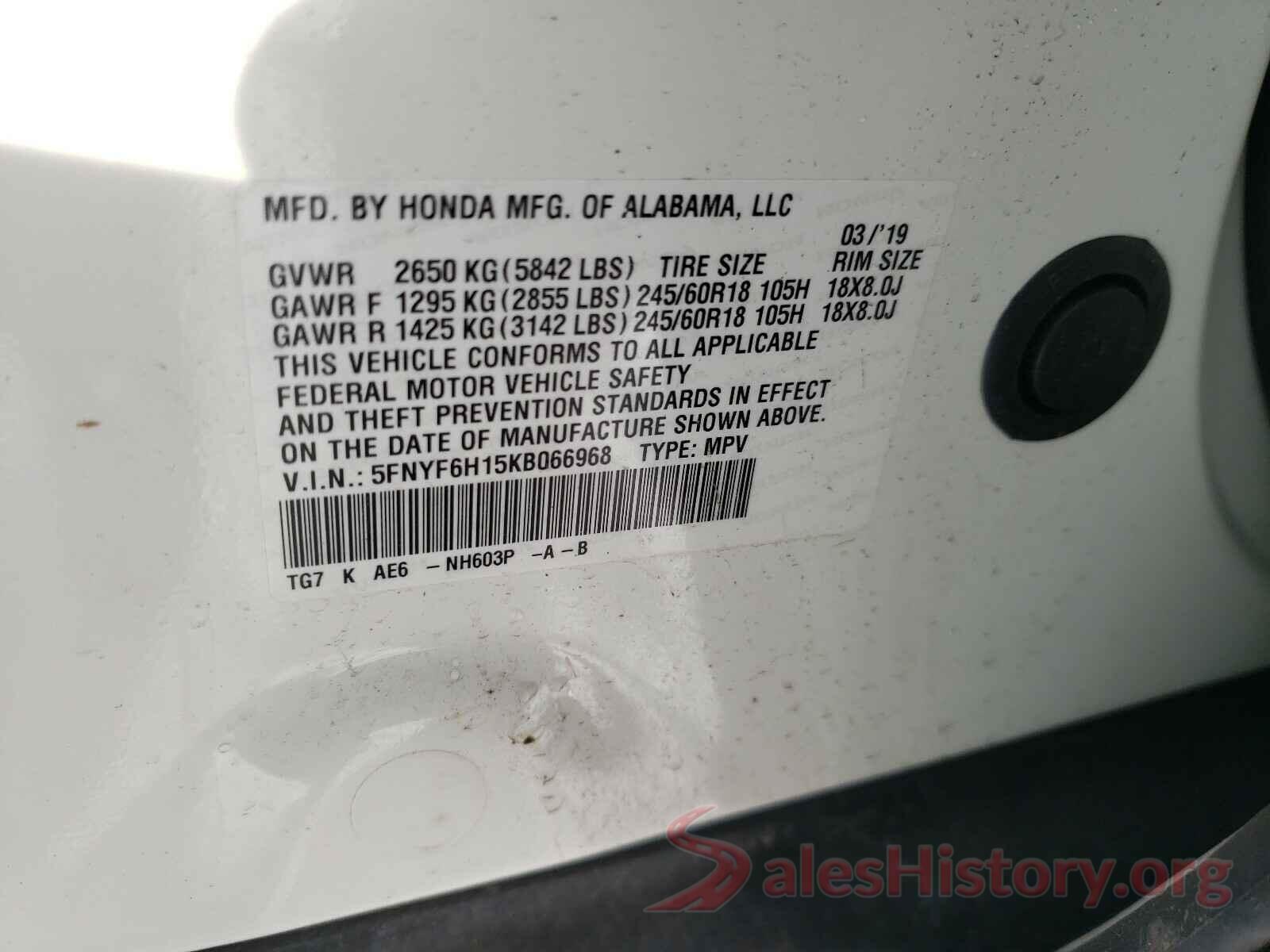 5FNYF6H15KB066968 2019 HONDA PILOT