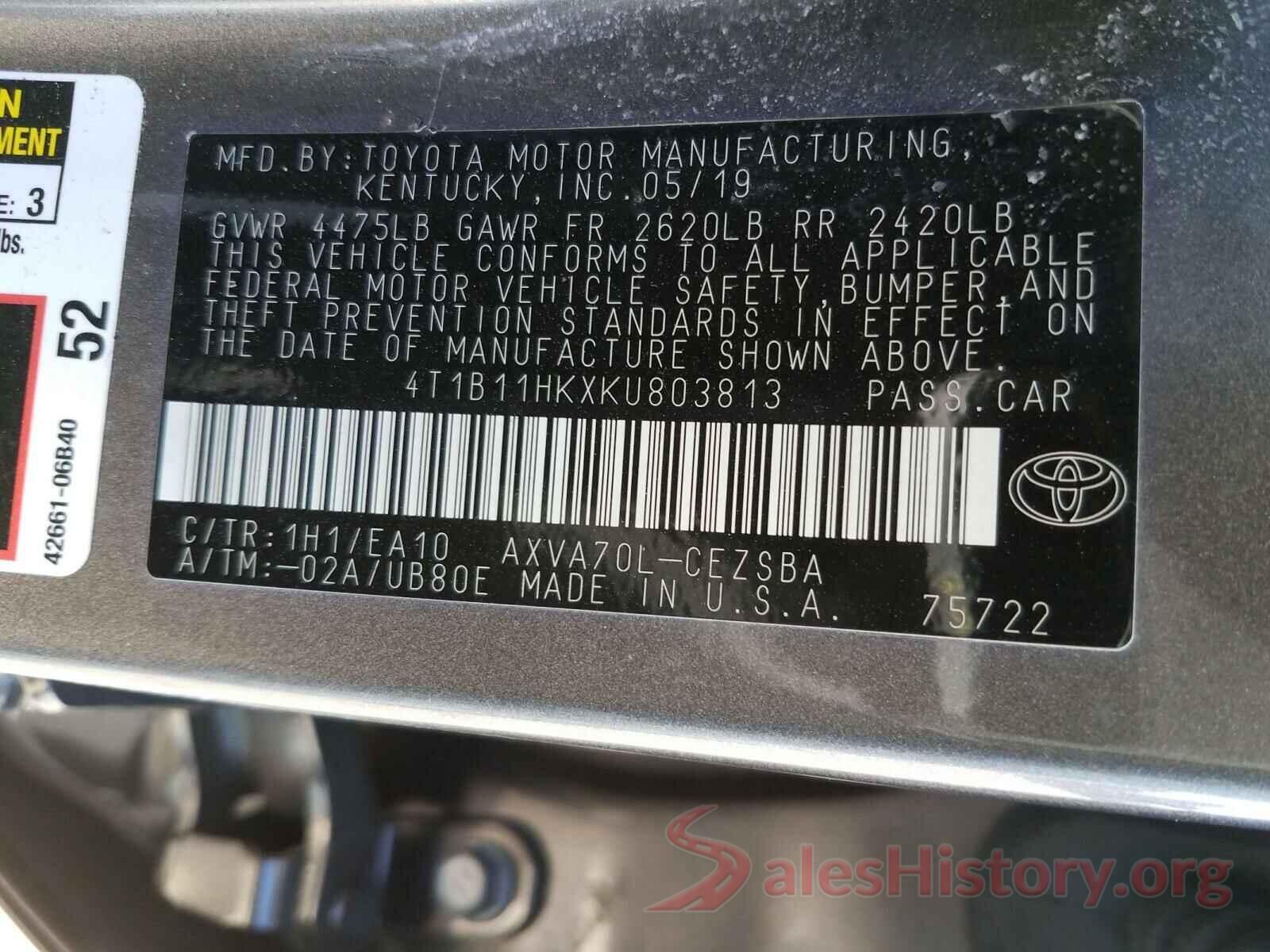 4T1B11HKXKU803813 2019 TOYOTA CAMRY