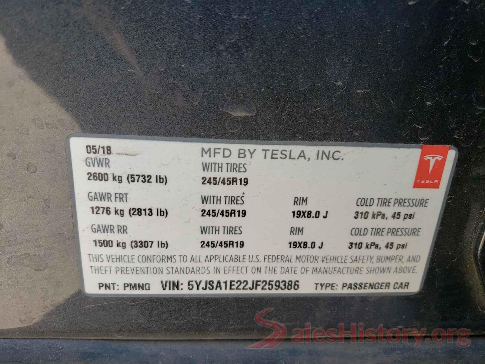 5YJSA1E22JF259386 2018 TESLA MODEL S