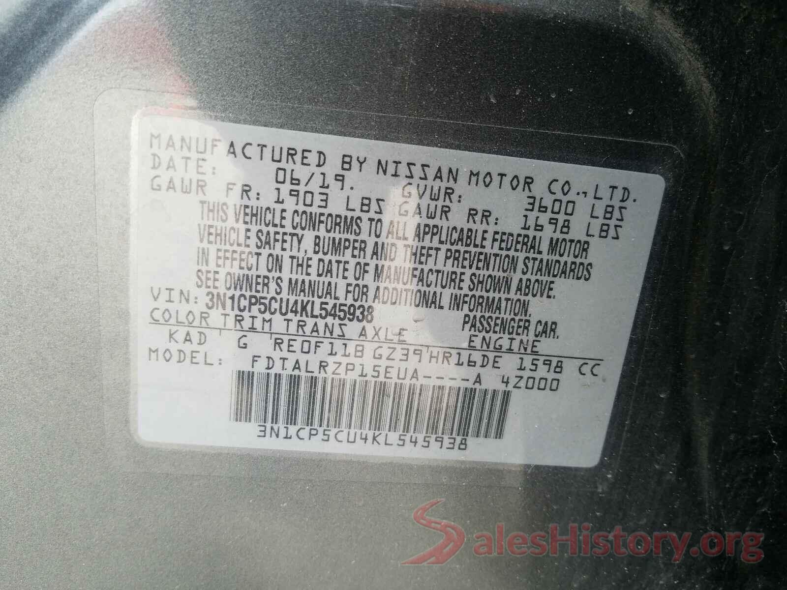 3N1CP5CU4KL545938 2019 NISSAN KICKS