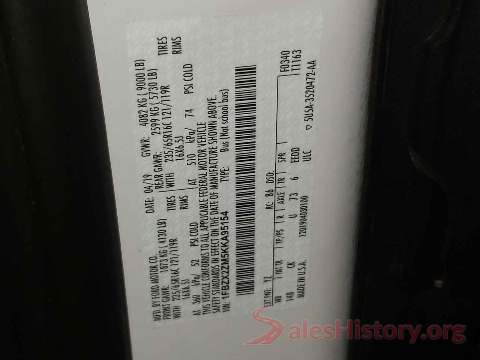 1FBZX2ZM5KKA95154 2019 FORD TRANSIT CO