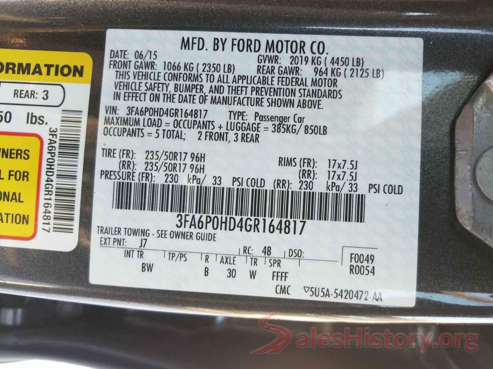 3FA6P0HD4GR164817 2016 FORD FUSION