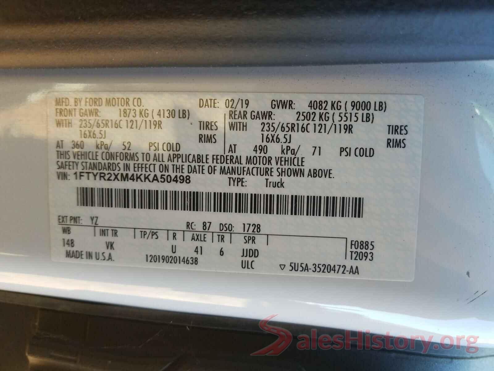 1FTYR2XM4KKA50498 2019 FORD TRANSIT CO