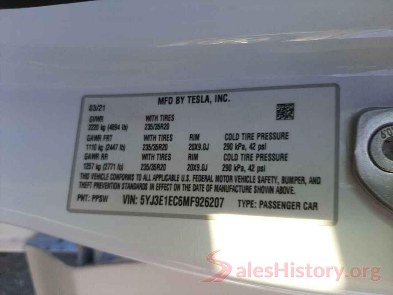 5YJ3E1EC6MF926207 2021 TESLA MODEL 3