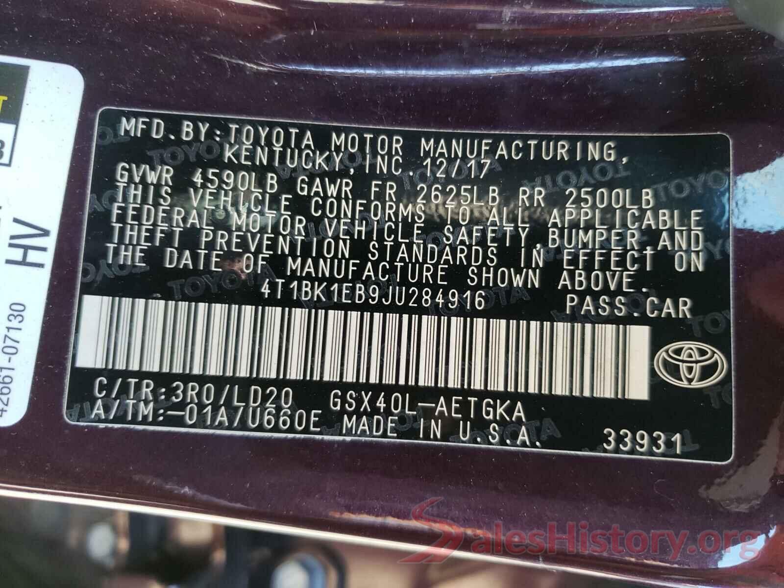 4T1BK1EB9JU284916 2018 TOYOTA AVALON