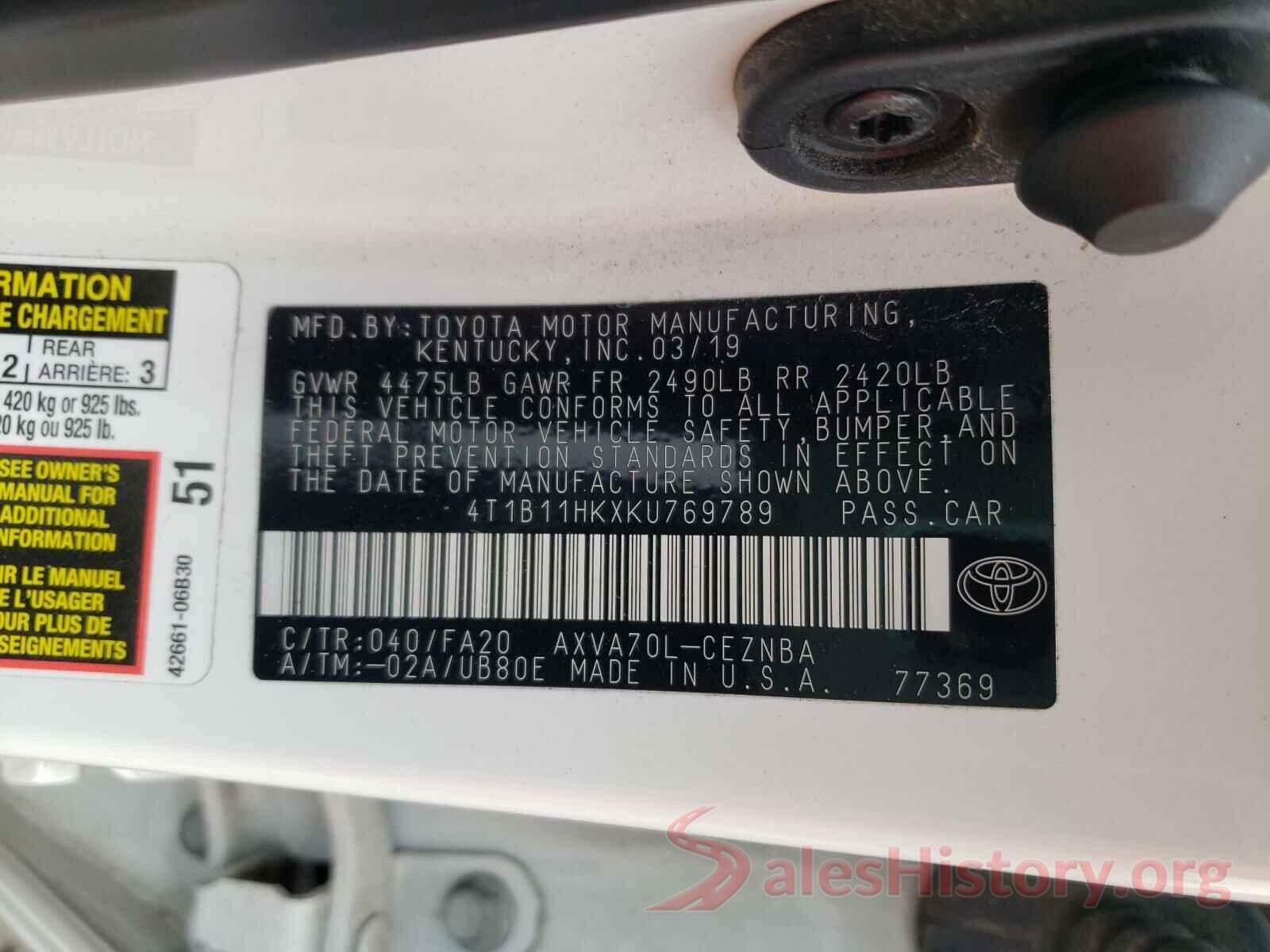 4T1B11HKXKU769789 2019 TOYOTA CAMRY