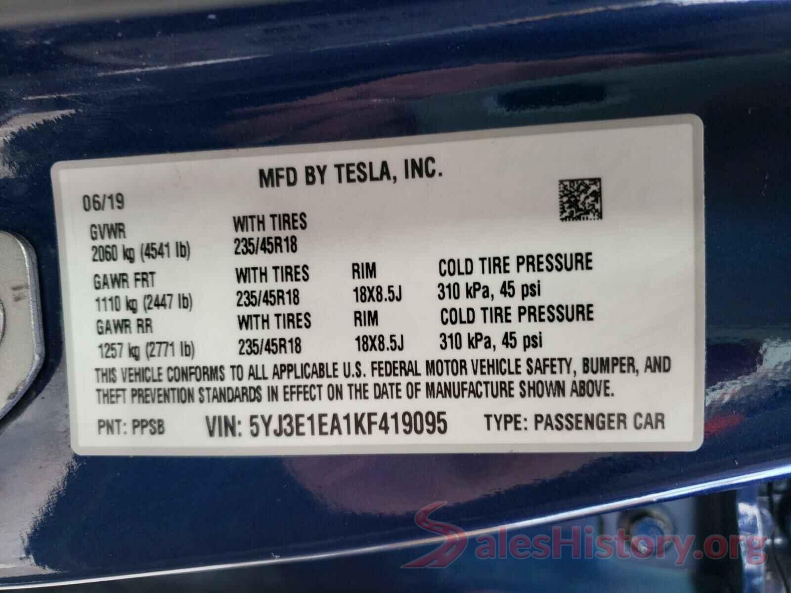 5YJ3E1EA1KF419095 2019 TESLA MODEL 3