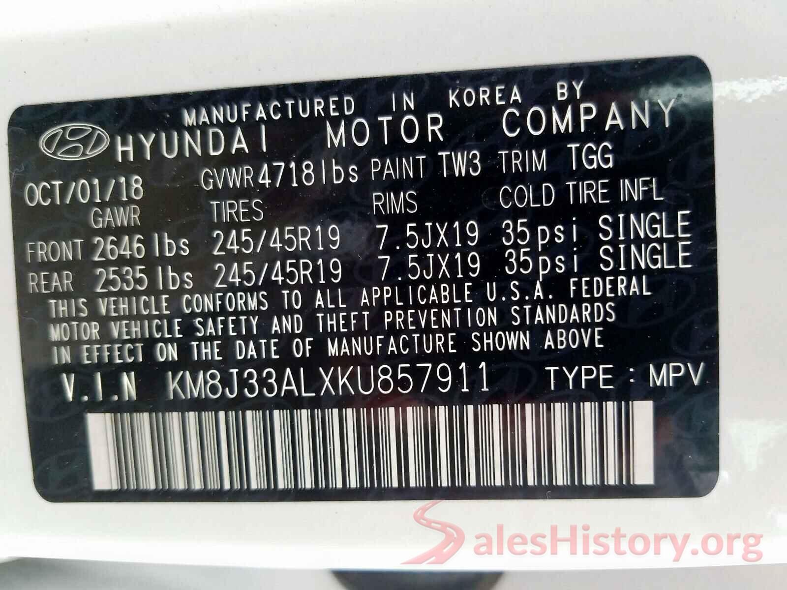 KM8J33ALXKU857911 2019 HYUNDAI TUCSON