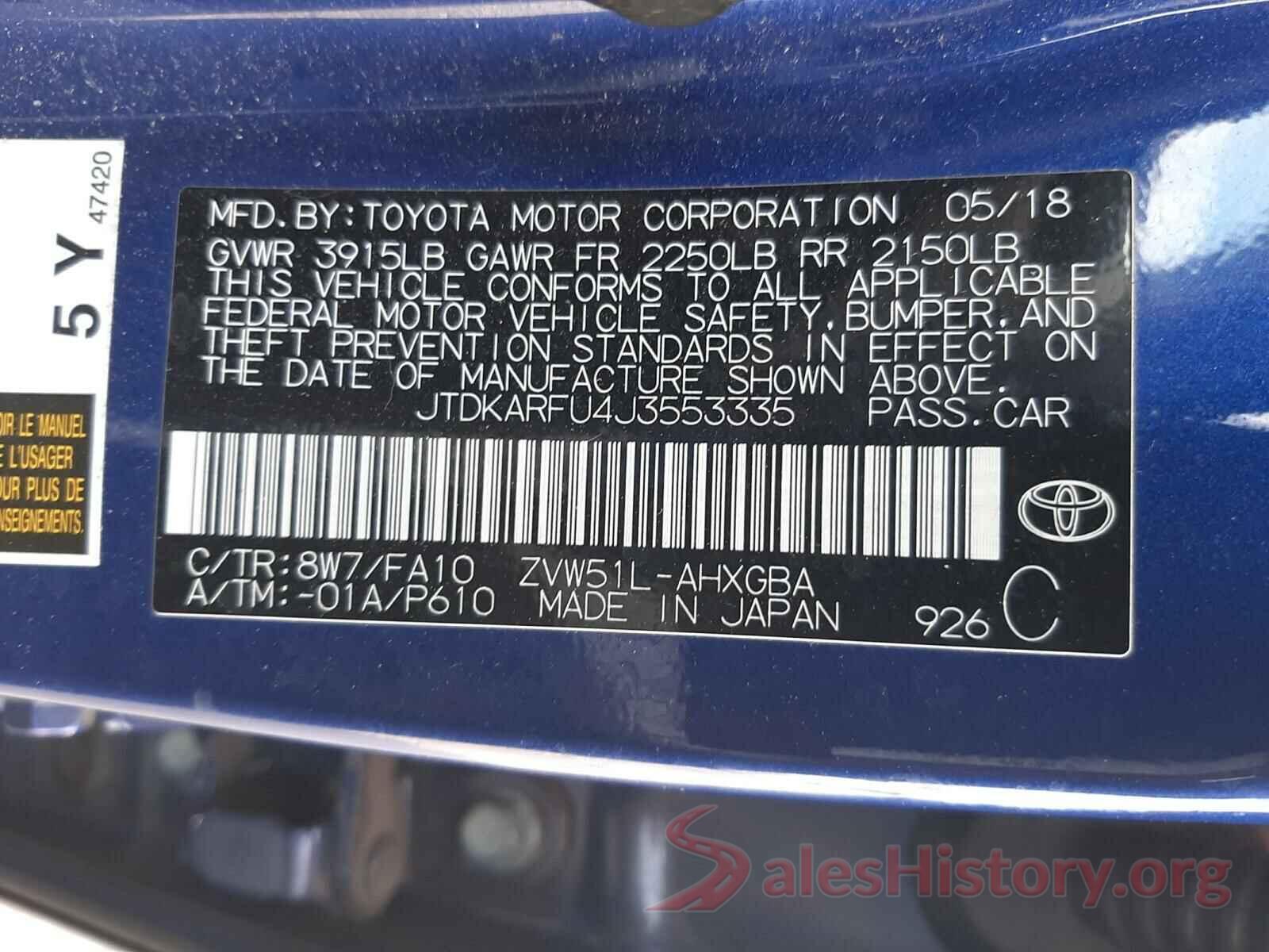 JTDKARFU4J3553335 2018 TOYOTA PRIUS