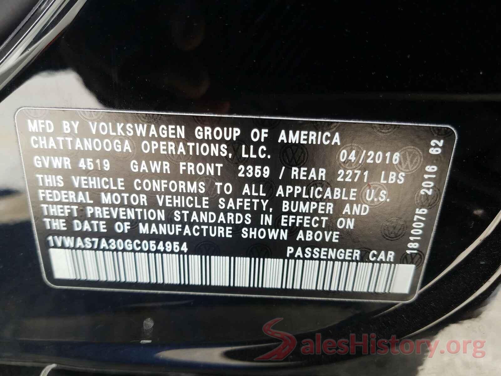 1VWAS7A30GC054954 2016 VOLKSWAGEN PASSAT