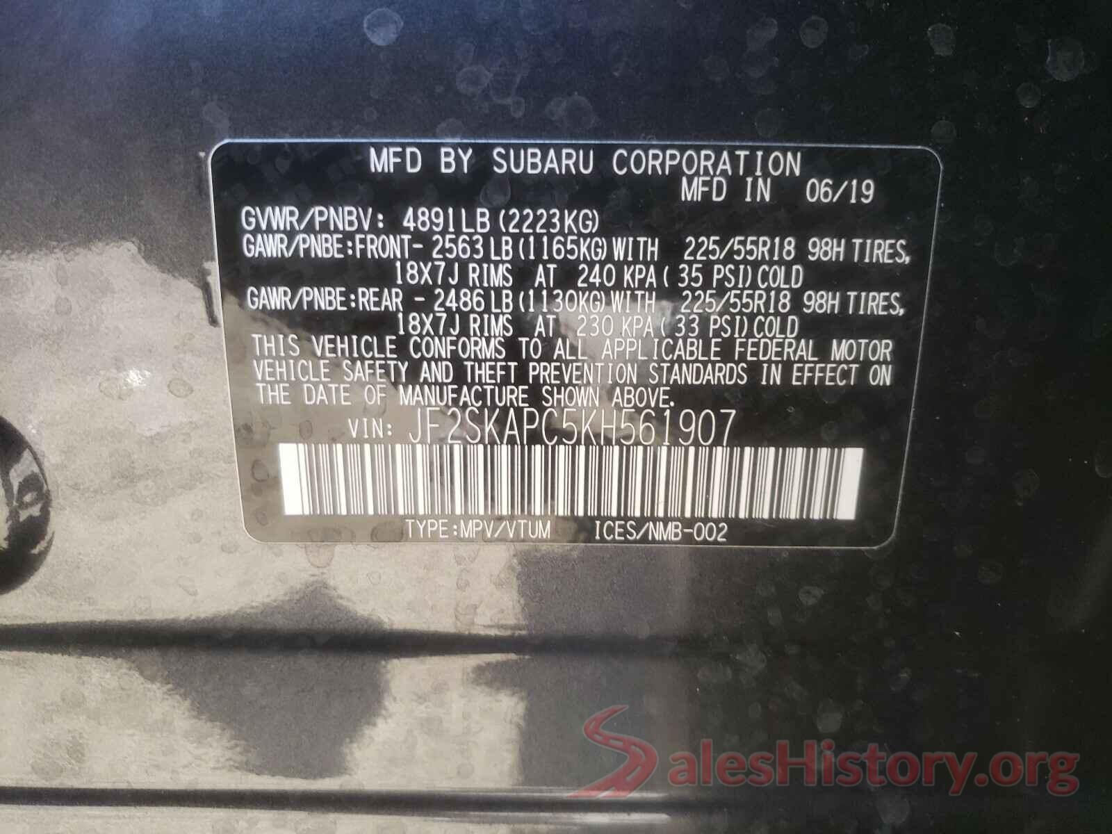 JF2SKAPC5KH561907 2019 SUBARU FORESTER