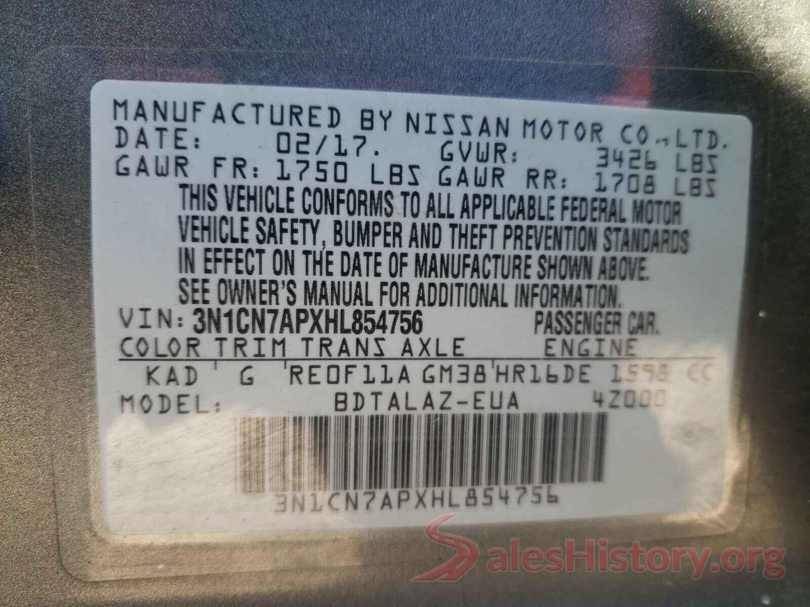 3N1CN7APXHL854756 2017 NISSAN VERSA