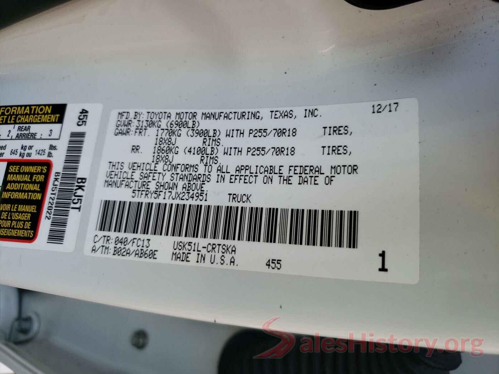 5TFRY5F17JX234951 2018 TOYOTA TUNDRA