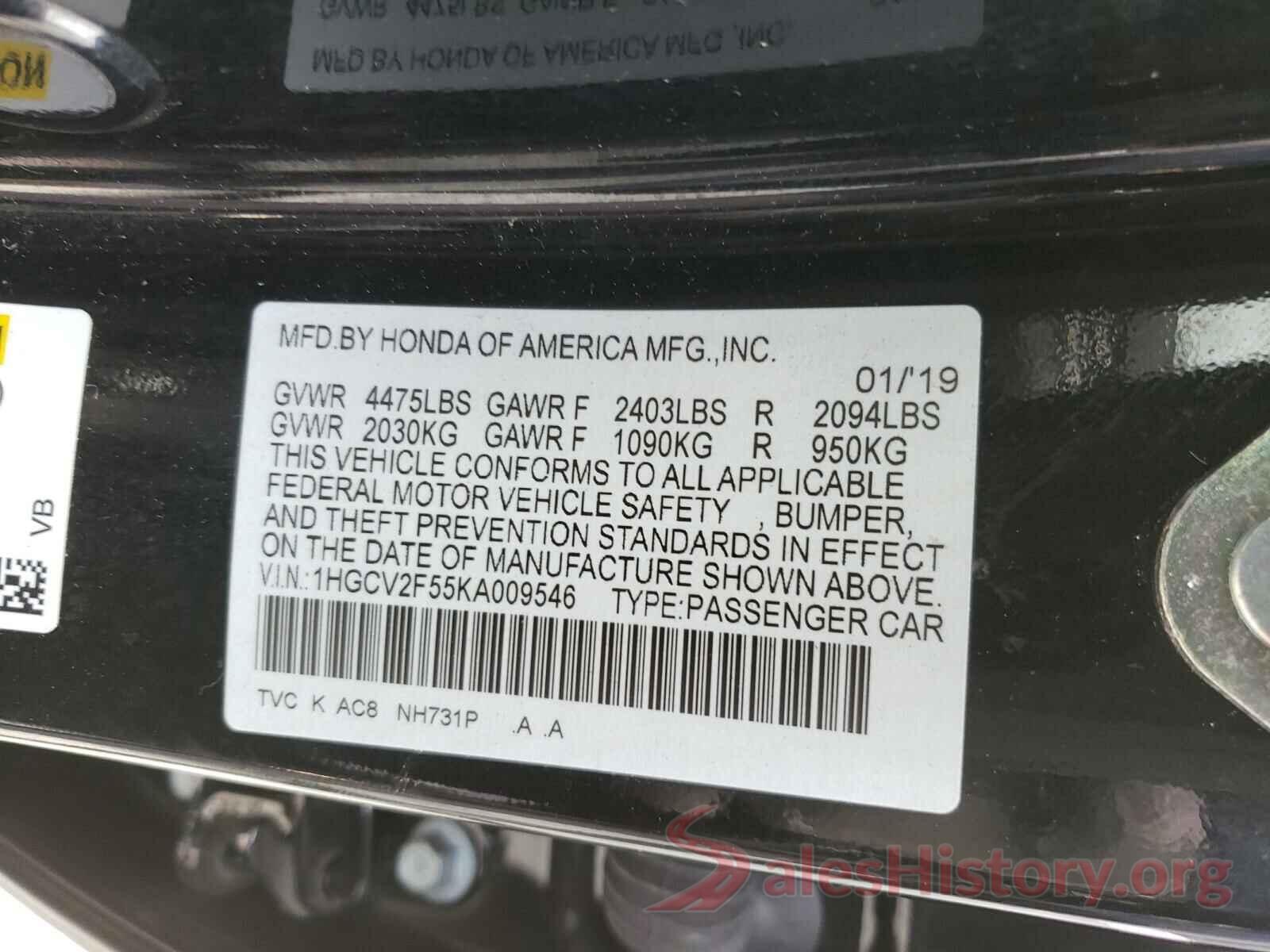 1HGCV2F55KA009546 2019 HONDA ACCORD