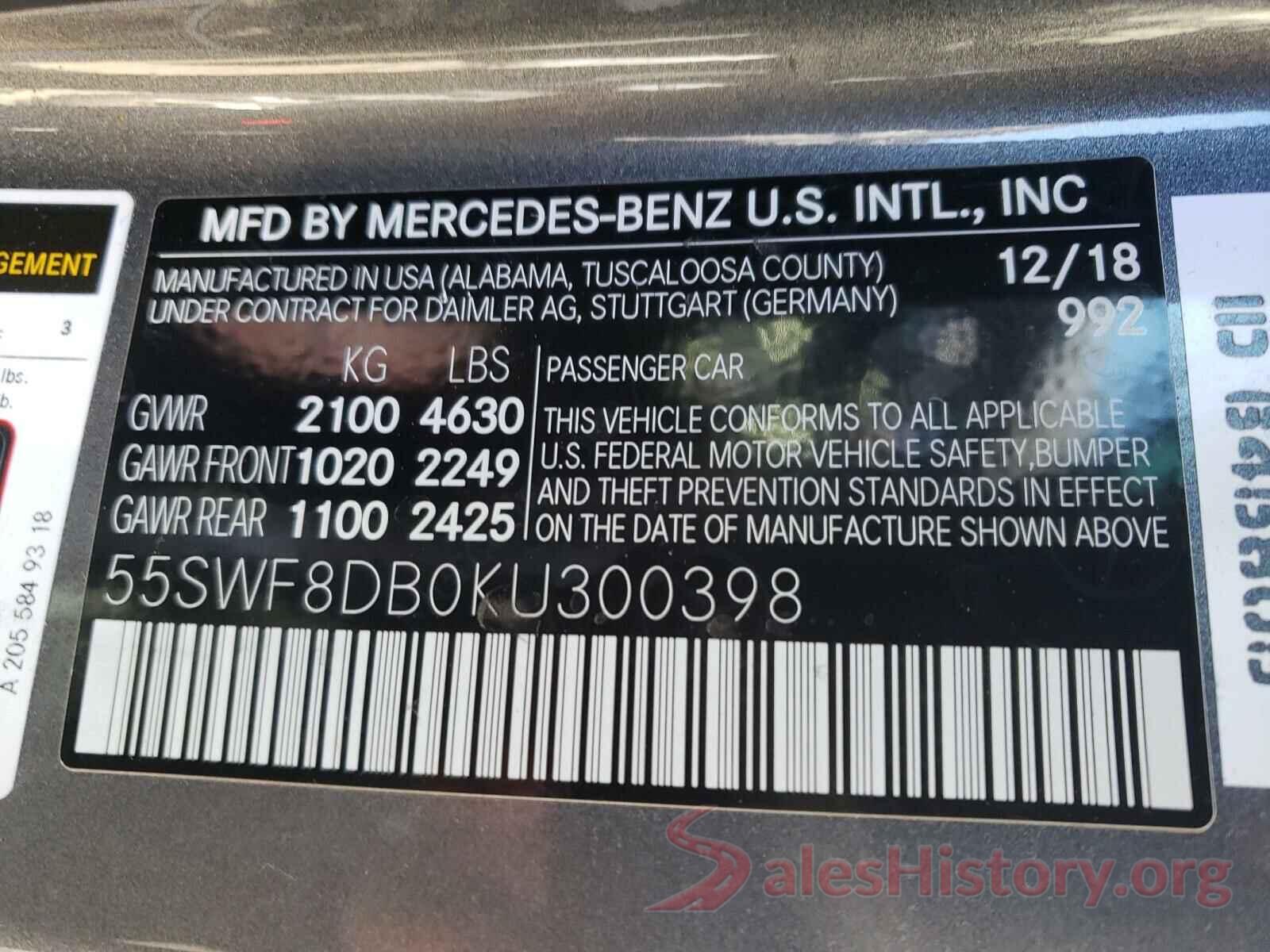 55SWF8DB0KU300398 2019 MERCEDES-BENZ C CLASS