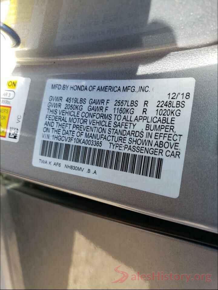 1HGCV3F10KA003365 2019 HONDA ACCORD