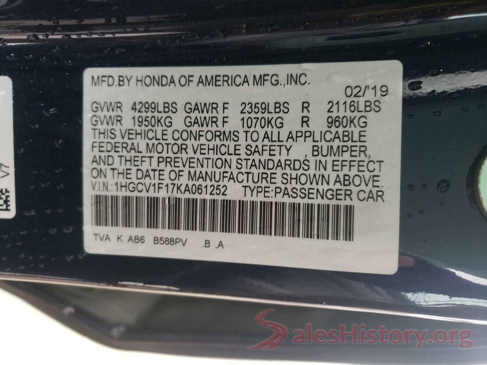 1HGCV1F17KA061252 2019 HONDA ACCORD