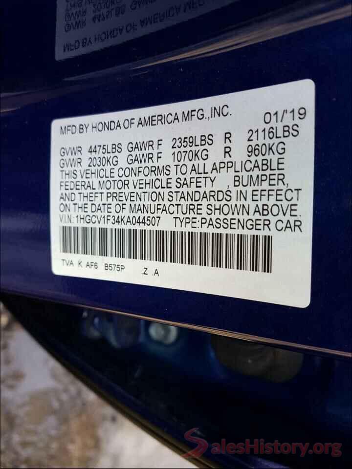 1HGCV1F34KA044507 2019 HONDA ACCORD