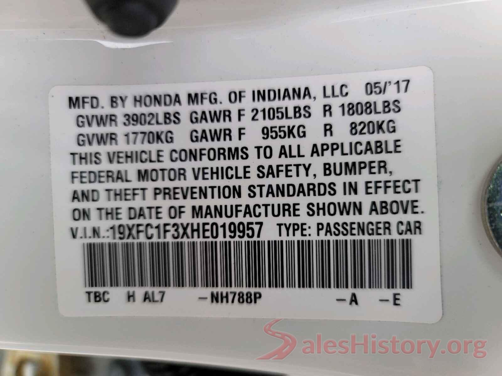 19XFC1F3XHE019957 2017 HONDA CIVIC