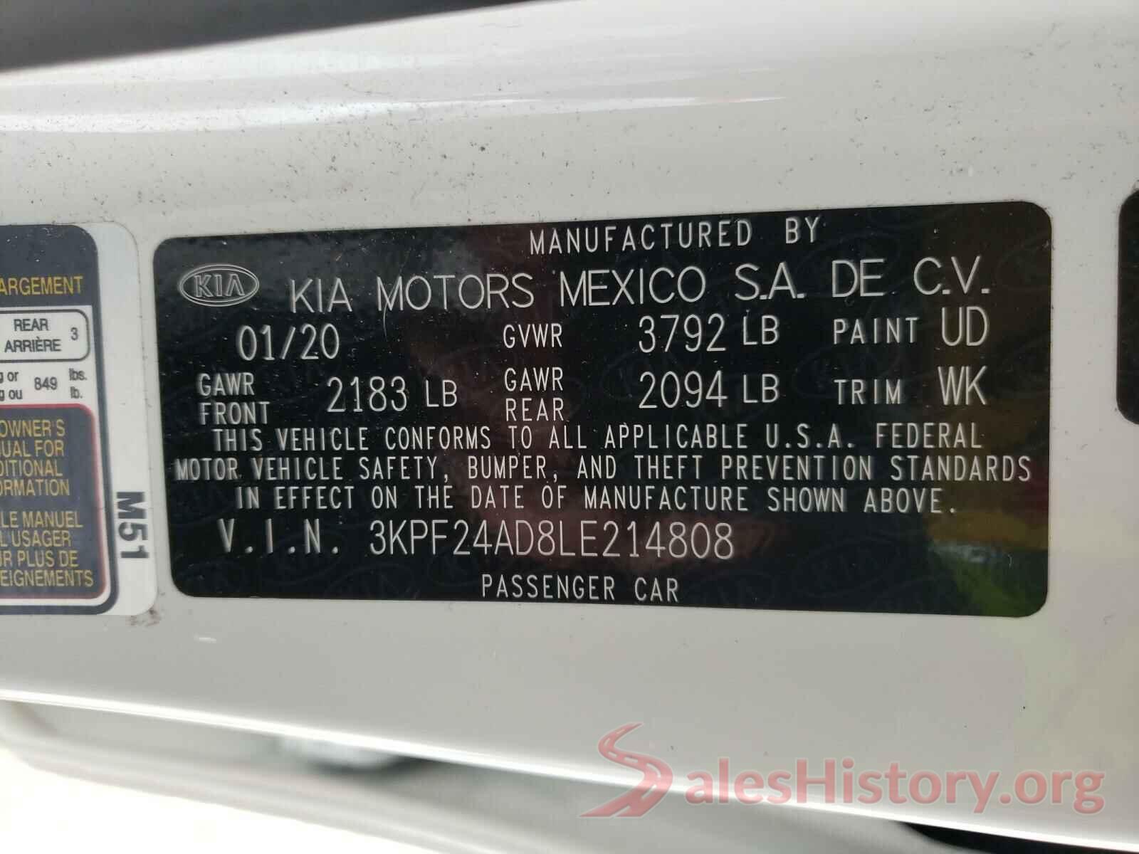 3KPF24AD8LE214808 2020 KIA FORTE