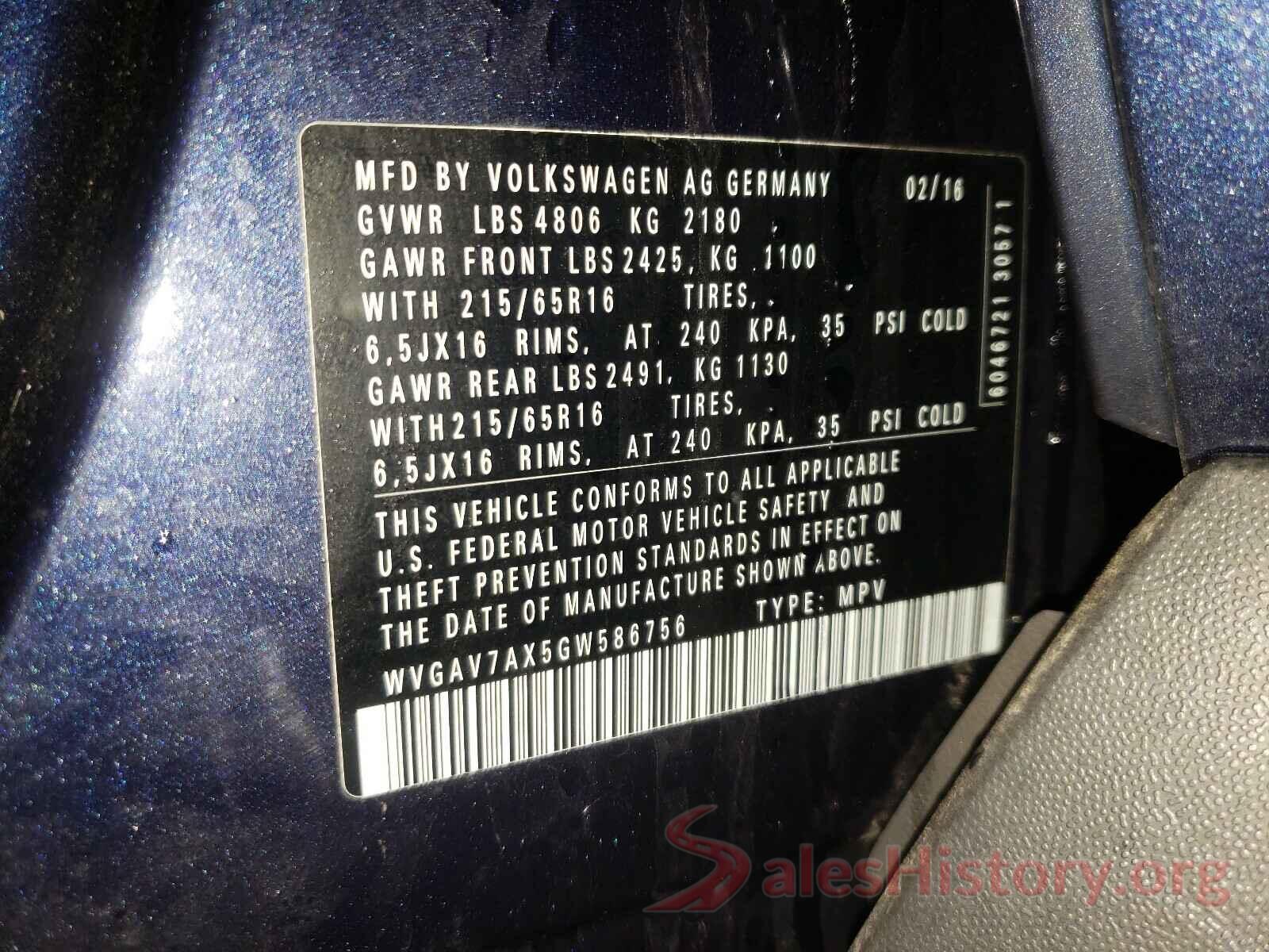 WVGAV7AX5GW586756 2016 VOLKSWAGEN TIGUAN