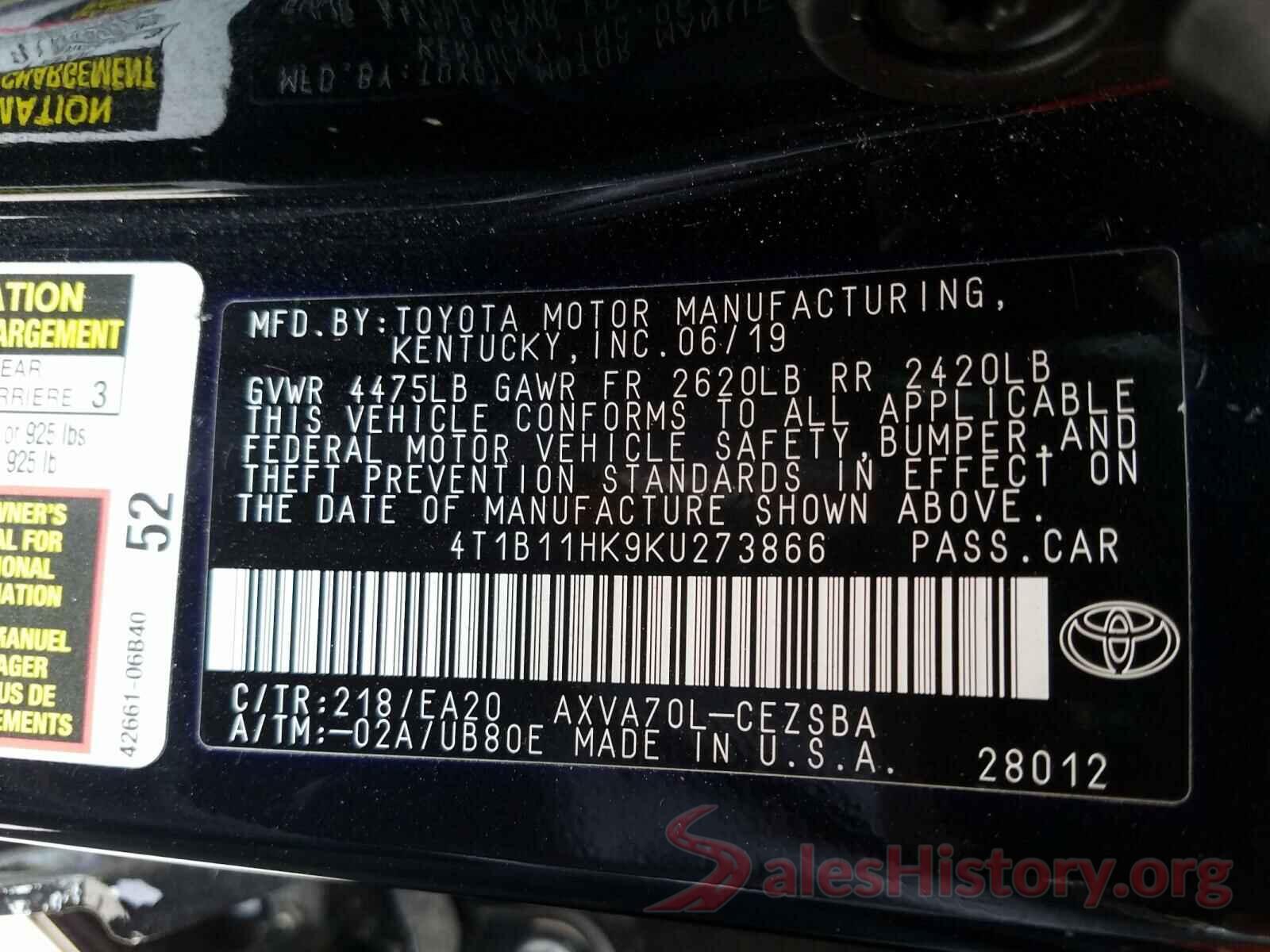 4T1B11HK9KU273866 2019 TOYOTA CAMRY