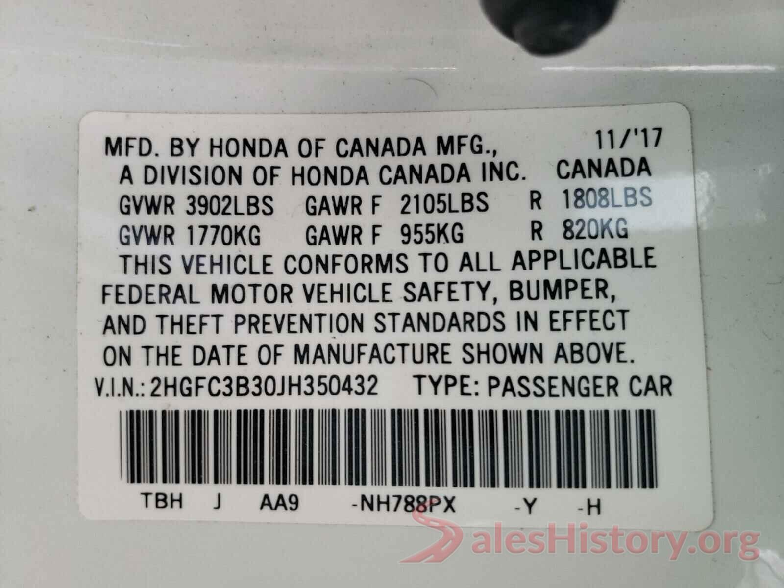 2HGFC3B30JH350432 2018 HONDA CIVIC