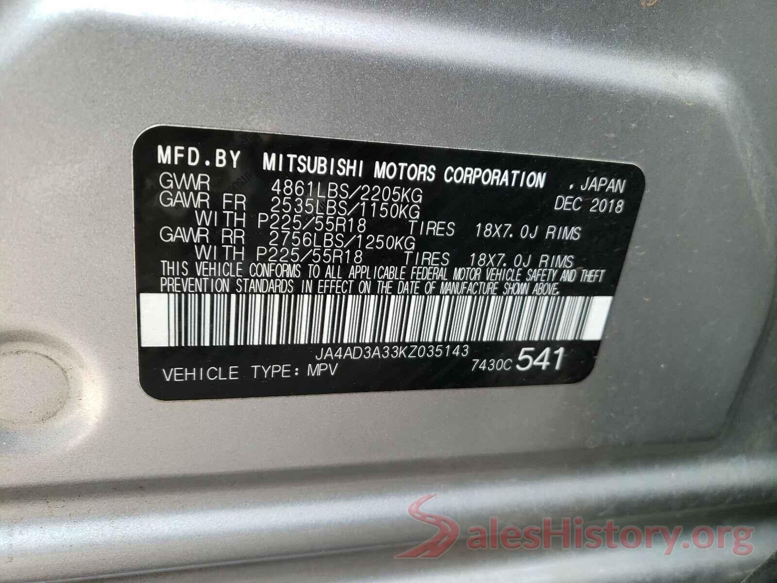 JA4AD3A33KZ035143 2019 MITSUBISHI OUTLANDER