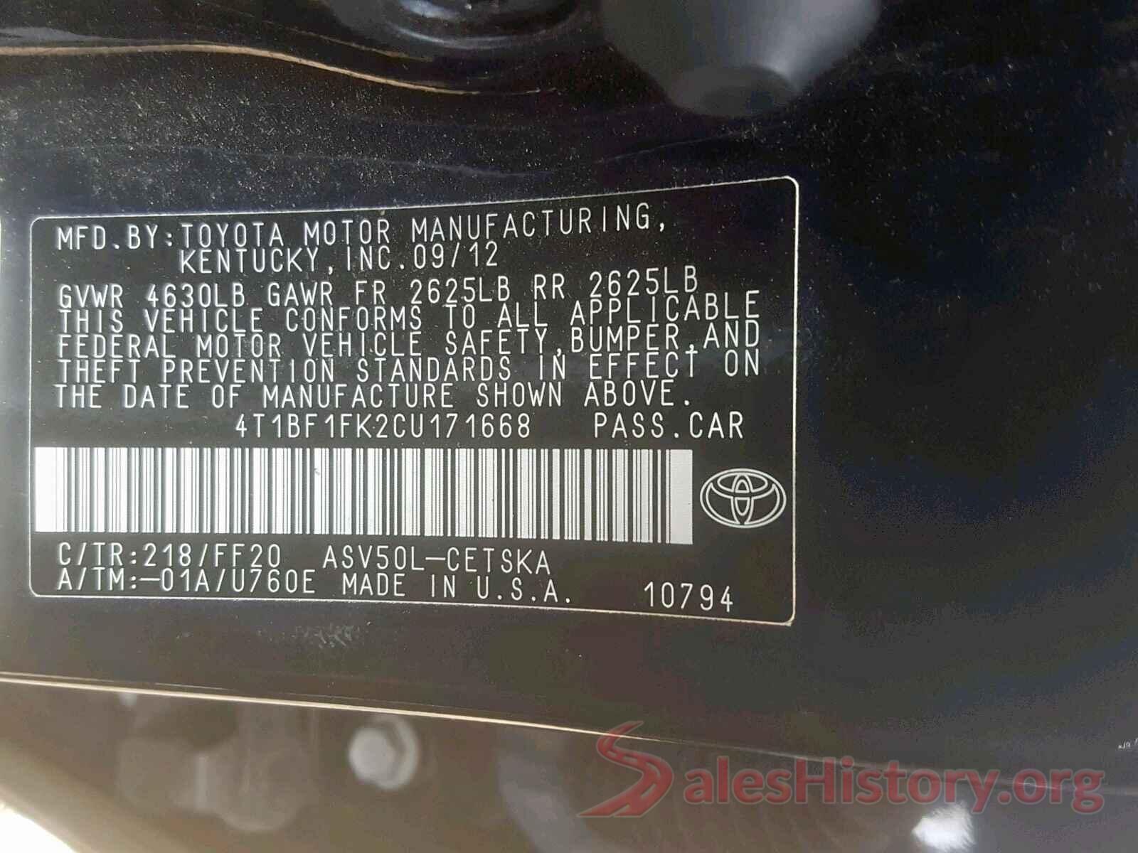 4T1BF1FK2CU171668 2012 TOYOTA CAMRY BASE