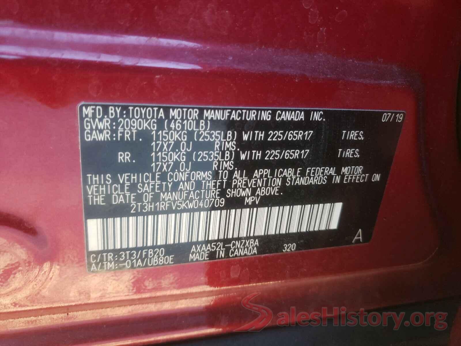 2T3H1RFV5KW040709 2019 TOYOTA RAV4