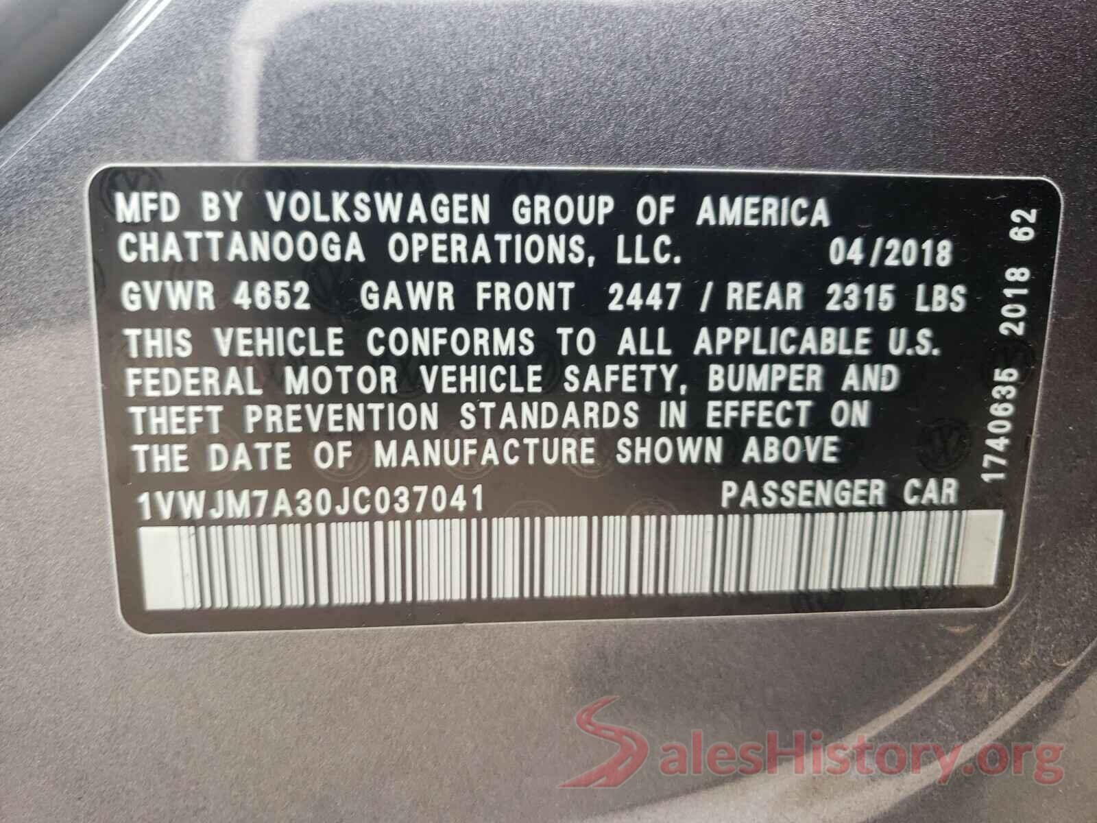 1VWJM7A30JC037041 2018 VOLKSWAGEN PASSAT