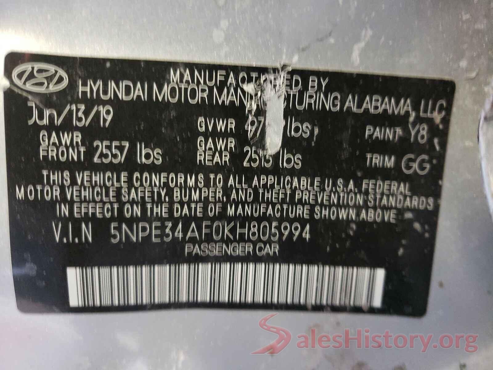 5NPE34AF0KH805994 2019 HYUNDAI SONATA