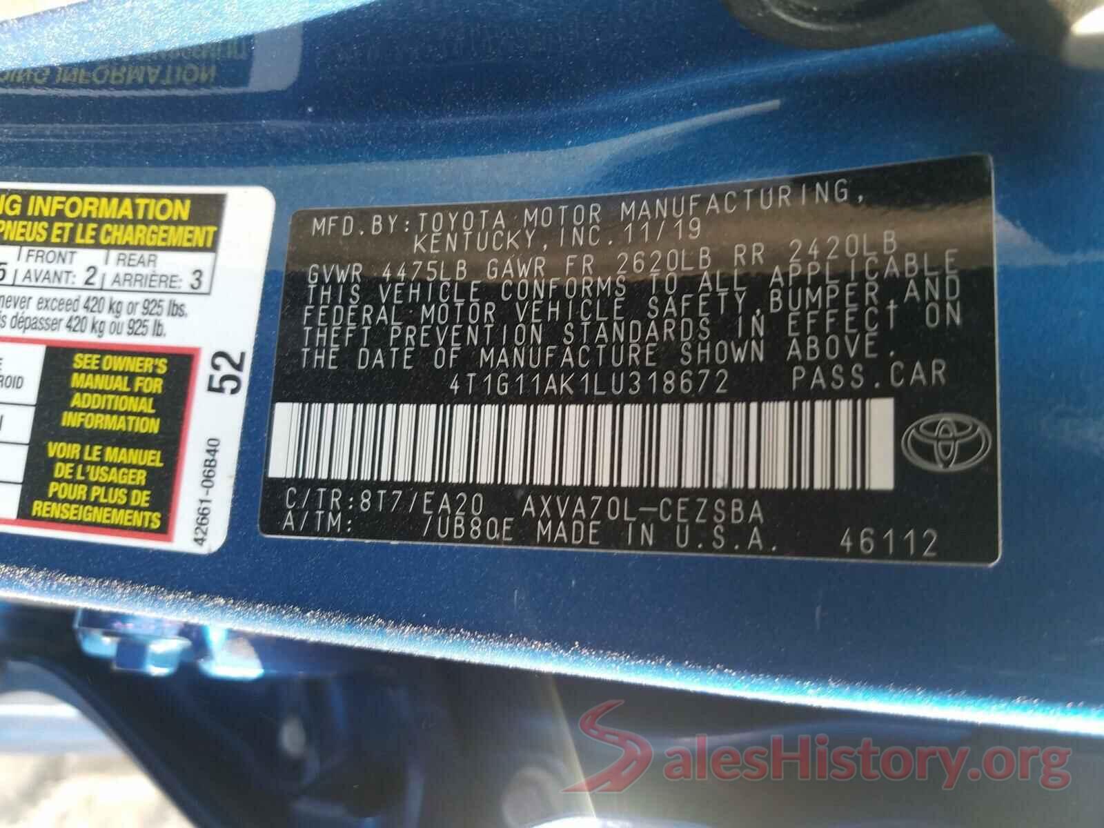 4T1G11AK1LU318672 2020 TOYOTA CAMRY