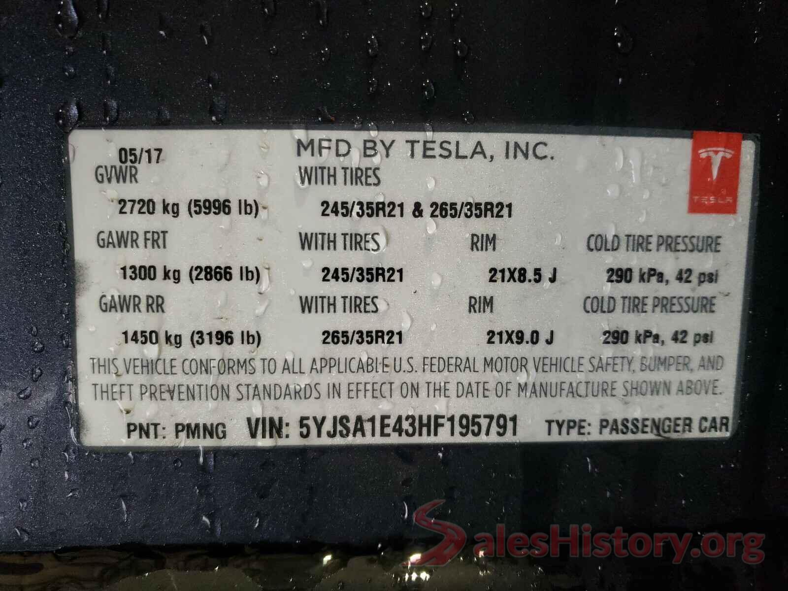 5YJSA1E43HF195791 2017 TESLA MODEL S