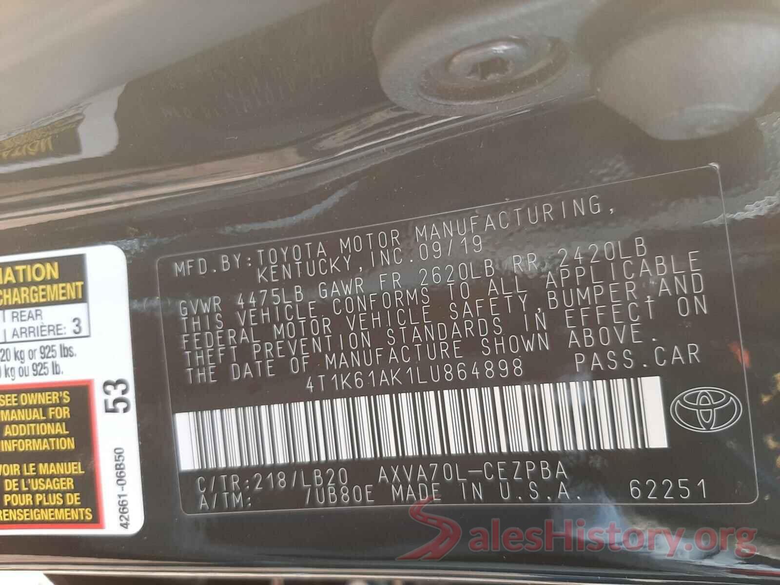 4T1K61AK1LU864898 2020 TOYOTA CAMRY