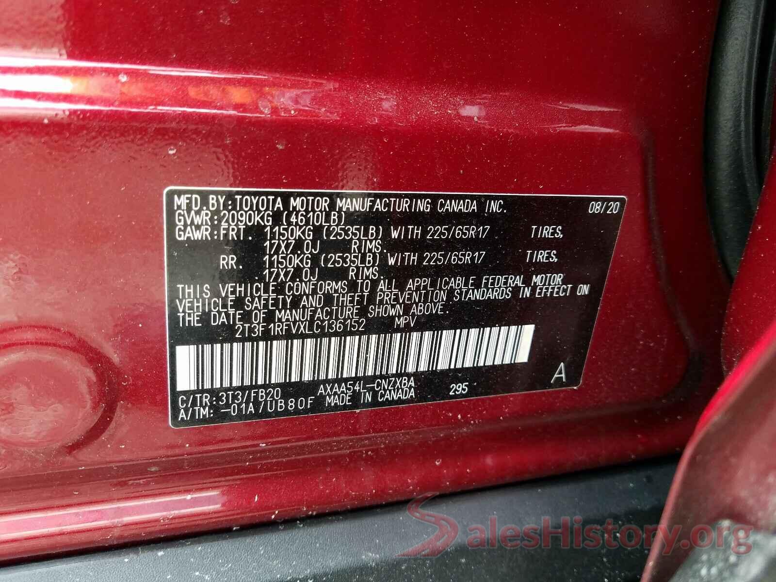 2T3F1RFVXLC136152 2020 TOYOTA RAV4