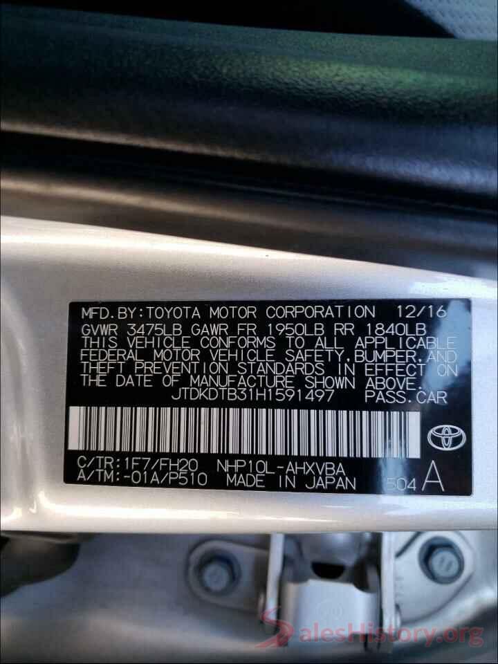 JTDKDTB31H1591497 2017 TOYOTA PRIUS