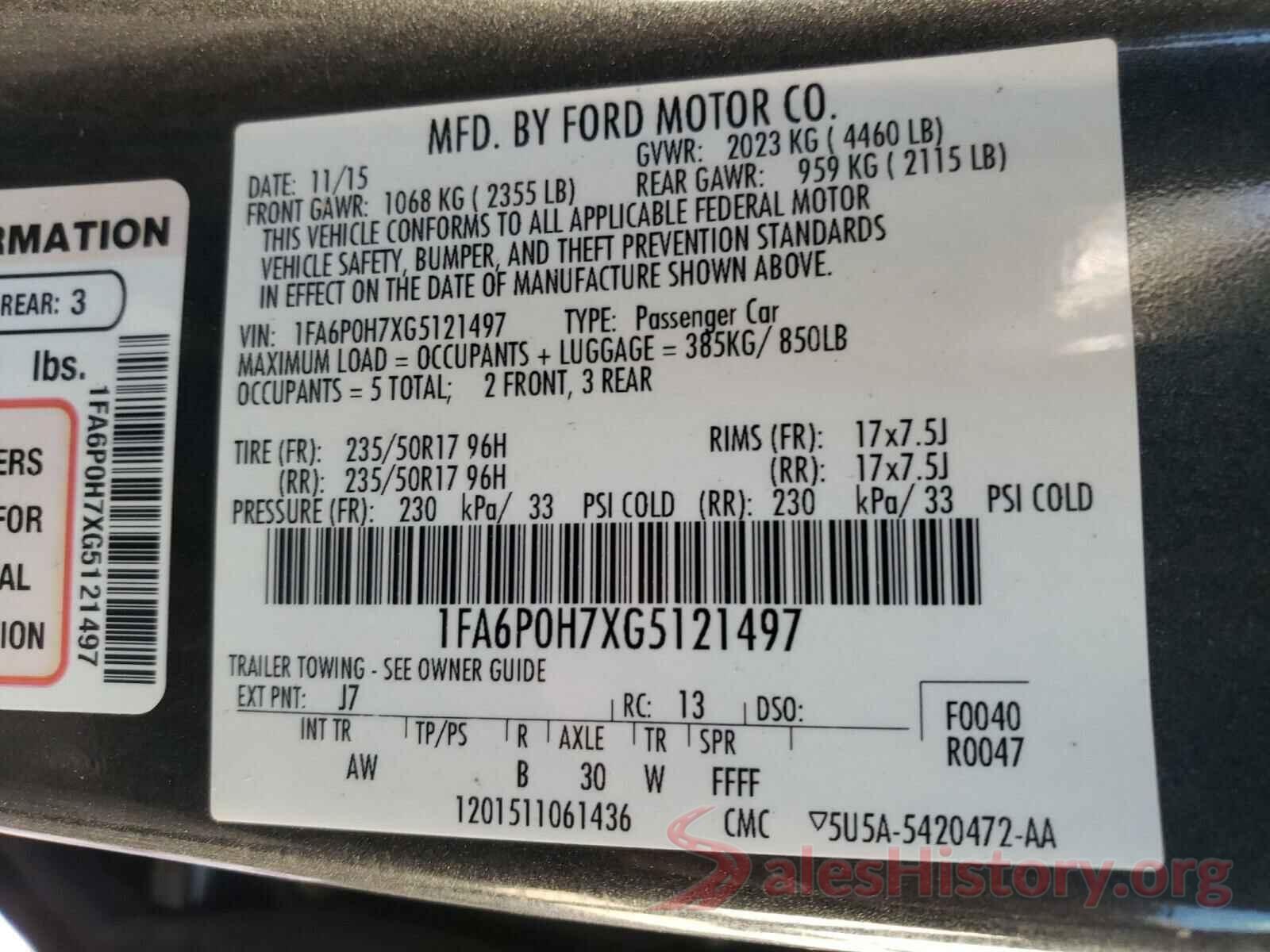 1FA6P0H7XG5121497 2016 FORD FUSION