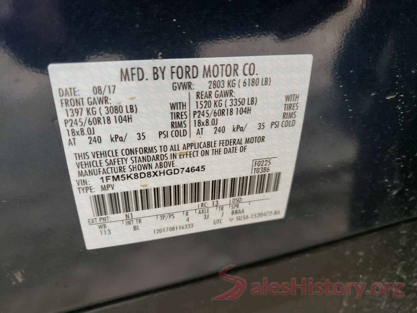 1FM5K8D8XHGD74645 2017 FORD EXPLORER