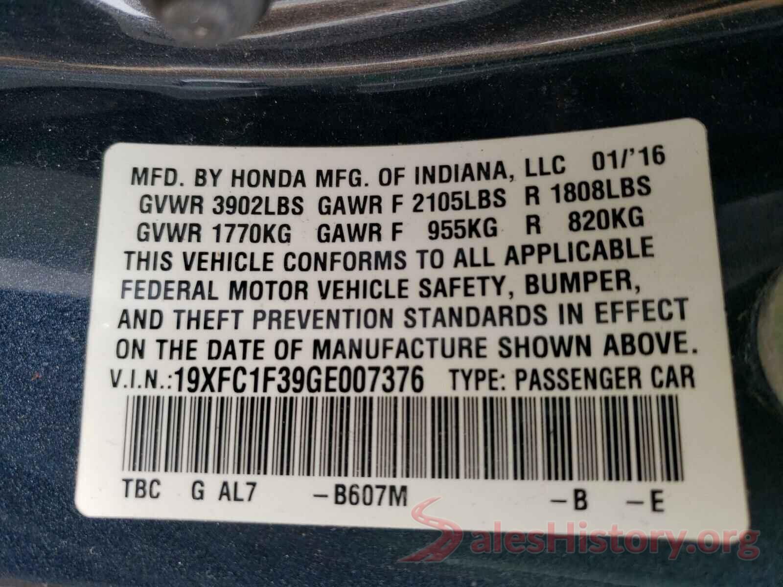 19XFC1F39GE007376 2016 HONDA CIVIC