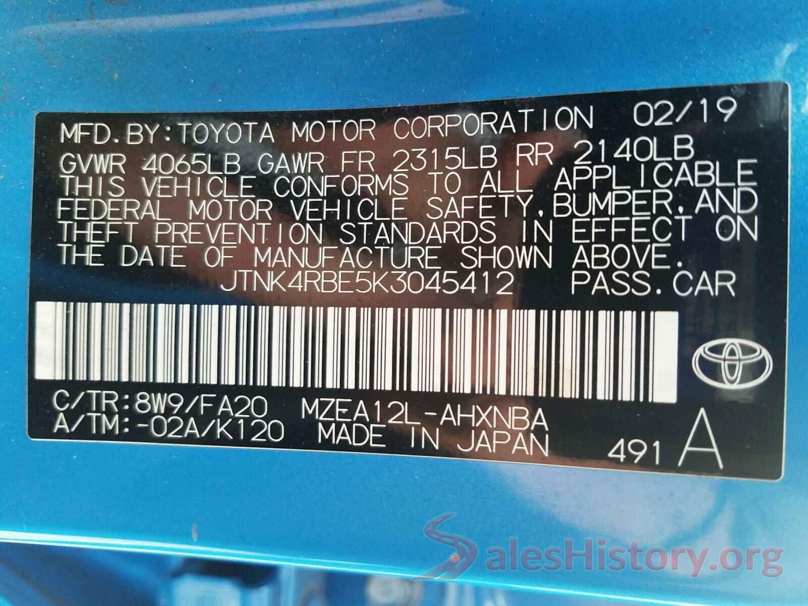 JTNK4RBE5K3045412 2019 TOYOTA COROLLA