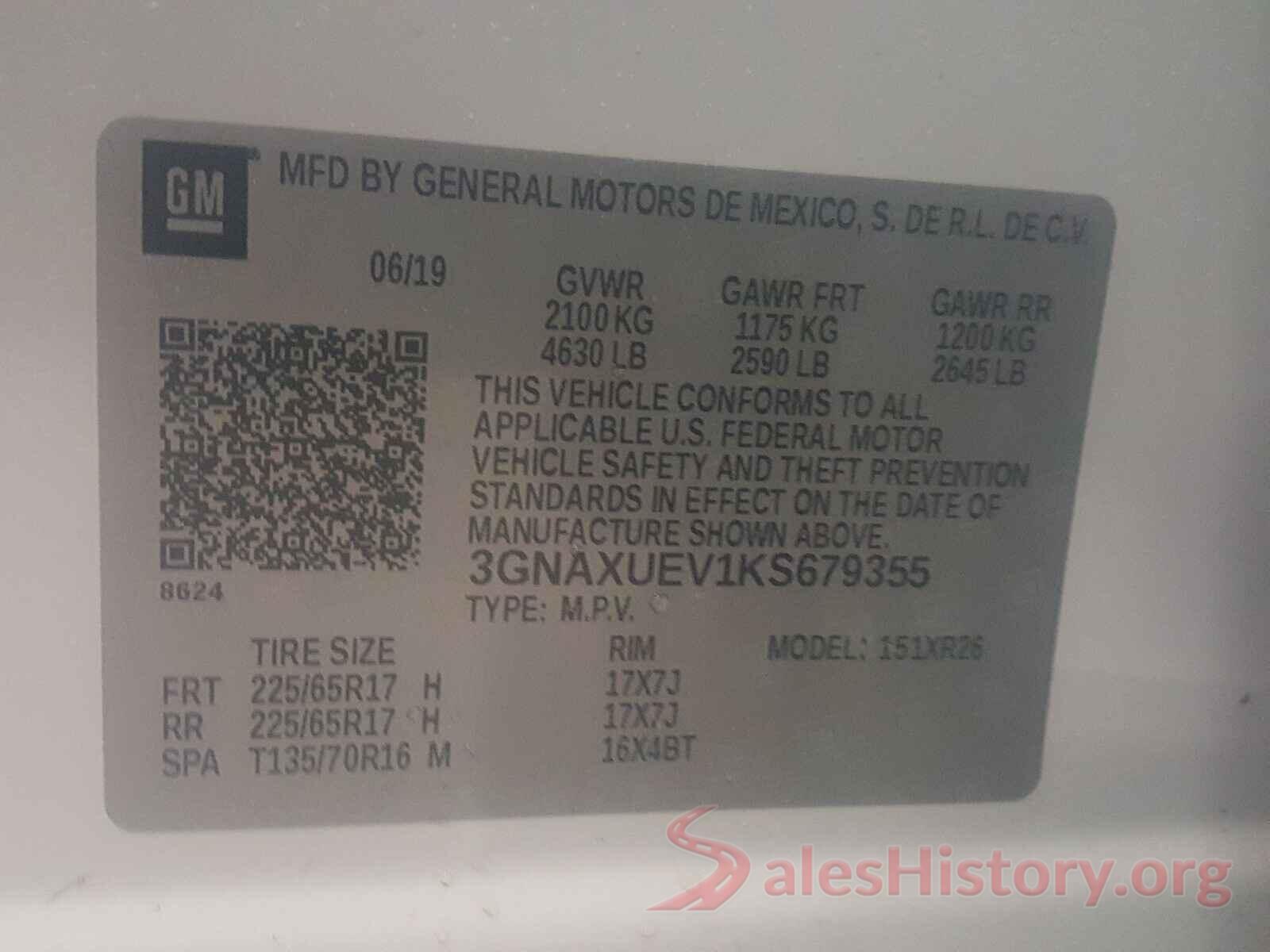 3GNAXUEV1KS679355 2019 CHEVROLET EQUINOX