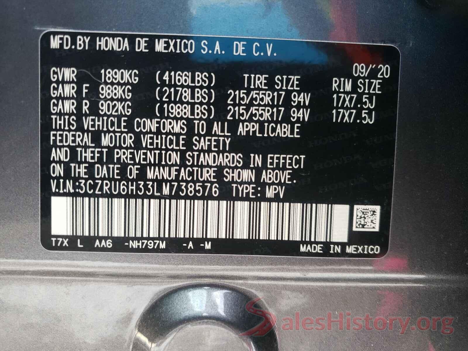 3CZRU6H33LM738576 2020 HONDA HR-V