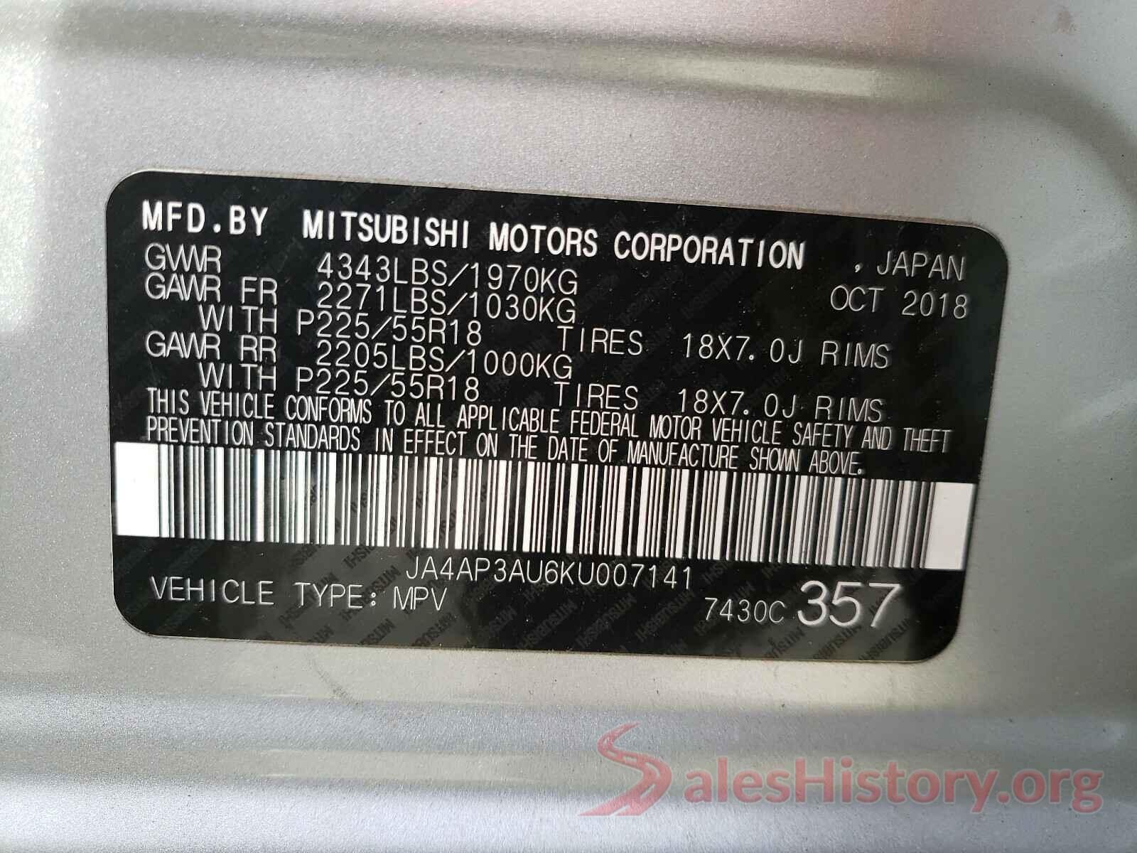 JA4AP3AU6KU007141 2019 MITSUBISHI OUTLANDER