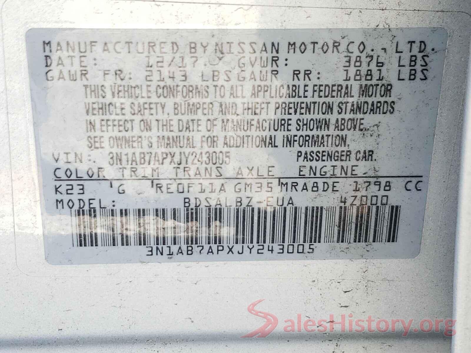 3N1AB7APXJY243005 2018 NISSAN SENTRA