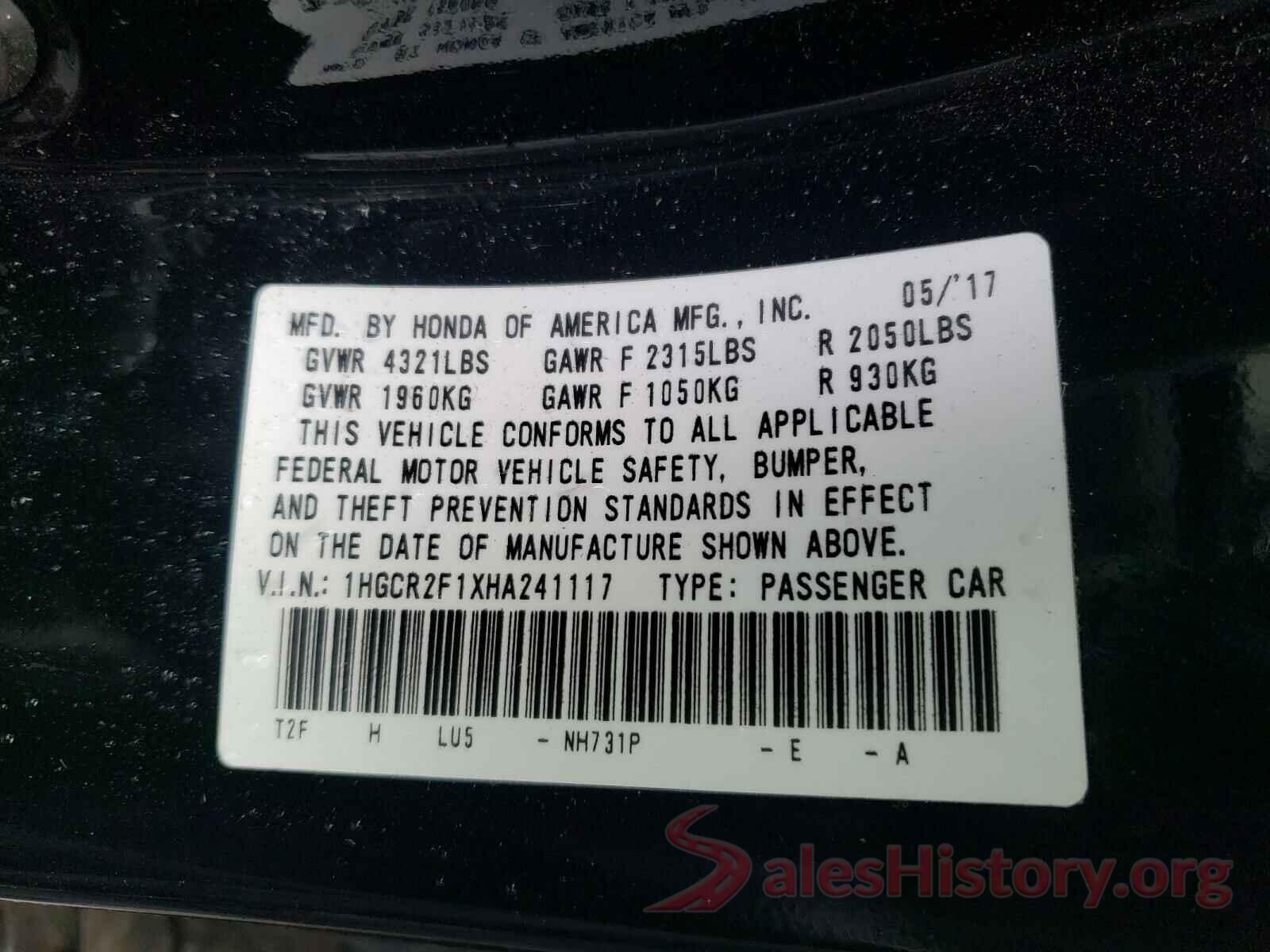 1HGCR2F1XHA241117 2017 HONDA ACCORD