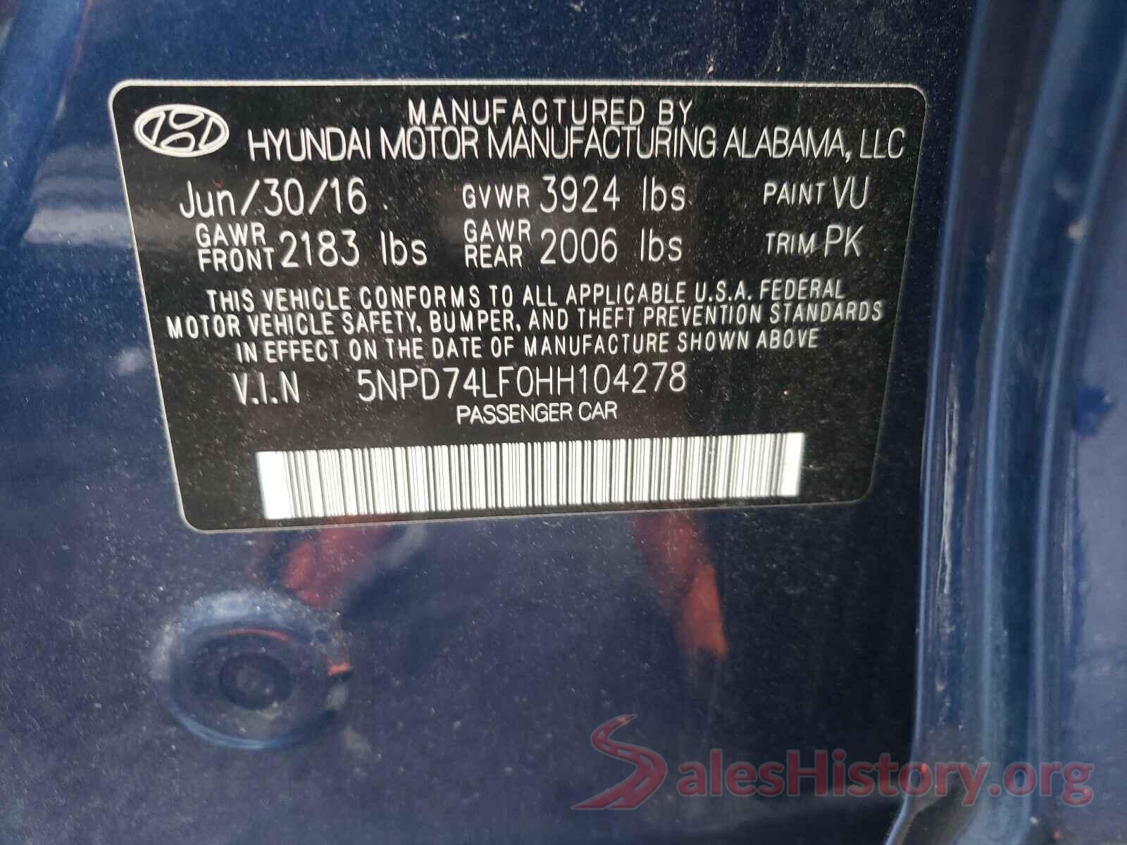 5NPD74LF0HH104278 2017 HYUNDAI ELANTRA