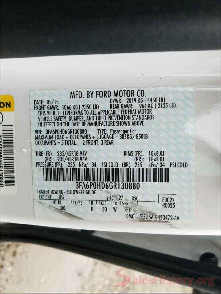 3FA6P0HD6GR130880 2016 FORD FUSION