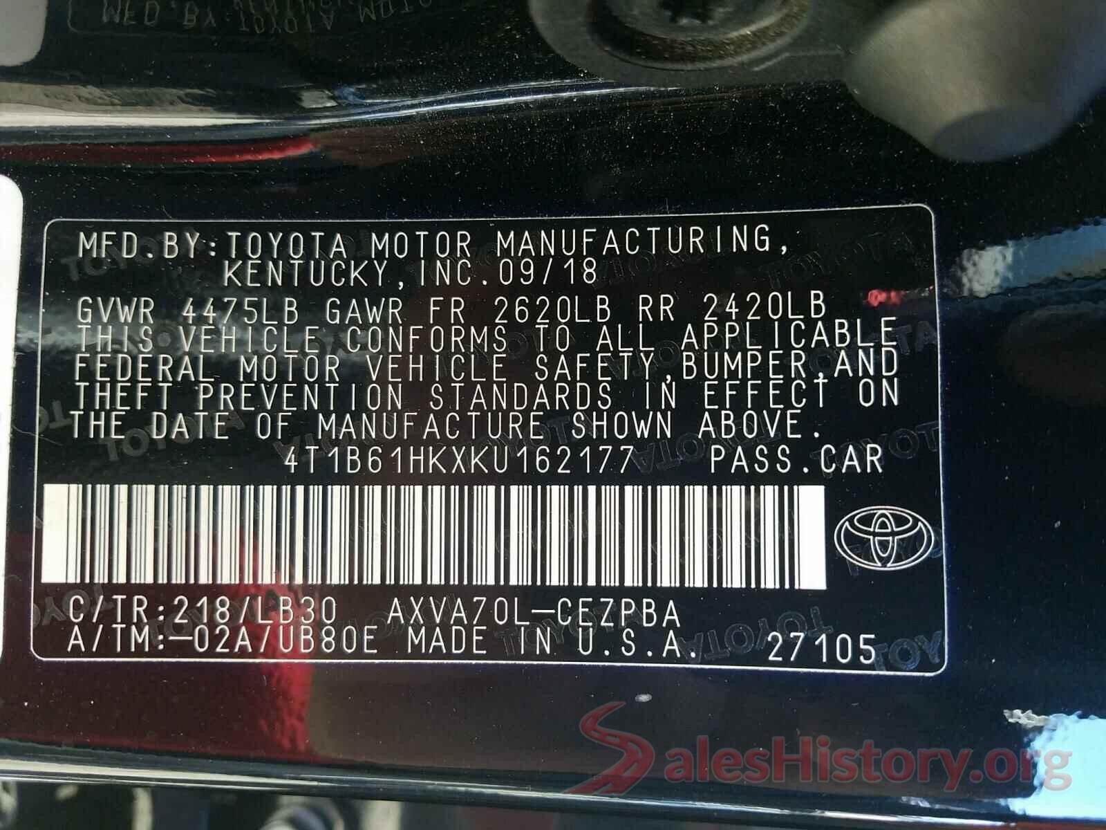 4T1B61HKXKU162177 2019 TOYOTA CAMRY