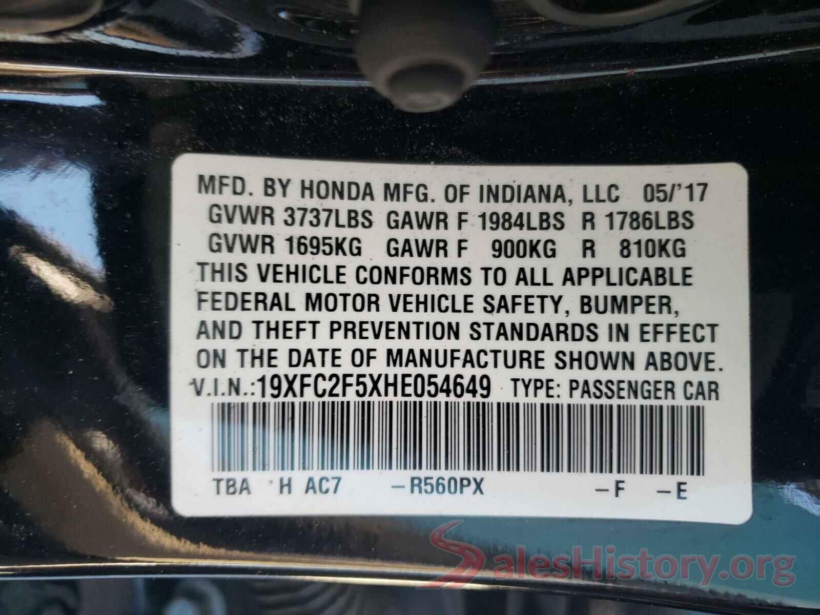 19XFC2F5XHE054649 2017 HONDA CIVIC